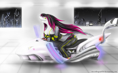 anthro black_hair breasts building city cleavage clothed clothing detailed_background female floor futuristic futuristic_architecture glowing green_eyes grey_body grey_scales hair hologram inside lights long_hair looking_at_viewer makeup motorcycle multicolored_hair night non-mammal_breasts purple_hair scales sharp_teeth side_view sky skyline smile solo star starry_sky tail teeth tile tile_floor two_tone_hair vehicle white_body white_scales window mikapoofs lapfox_trax mayhem_(renard) aquatic fish shark 16:10 widescreen