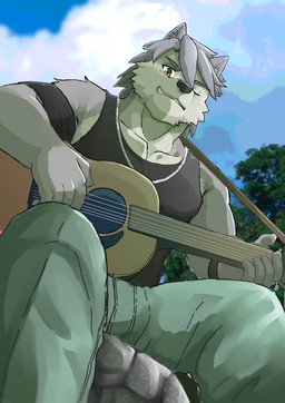 5_toes acoustic_guitar anthro black_clothing black_shirt black_tank_top black_topwear bottomwear clothing cloud countershade_face countershading feet fur green_bottomwear green_clothing green_pants grey_body grey_countershading grey_fur grey_hair grey_nose guitar hair jewelry male musical_instrument necklace outside overcast pants plucked_string_instrument shirt sky smile solo string_instrument tank_top toes topwear yellow_eyes kakukaku morenatsu kouya_aotsuki canid canine canis domestic_dog husky mammal nordic_sled_dog spitz 2023 absurd_res colored hi_res