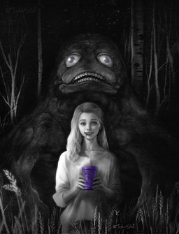 ambiguous_gender birch_tree closed_smile clothed clothed_female clothed_human clothing collarbone container drinking_straw duo eyebrows female forest_background front_view fully_clothed fully_clothed_female fully_clothed_human holding_container holding_object looking_at_viewer mascot medium_hair mouth_closed night open_mouth outside plant purple_eyes sky smile smiling_at_viewer sweater teeth text topwear tree young young_female young_human christopher_stoll grimace_shake mcdonald's grimace_(mcdonald's) human mammal monster 2023 artist_name digital_drawing_(artwork) digital_media_(artwork) greyscale half-length_portrait hi_res meme monochrome portrait spot_color