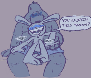 anthro blush bodily_fluids duo long_ears male male/male open_mouth saliva sharp_teeth teasing teeth taintedme4t sam_and_max max_(sam_and_max) samuel_dog canid canine canis domestic_dog lagomorph leporid mammal rabbit hi_res