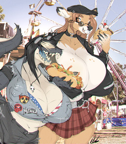 alternative_fashion angelbite_piercing big_breasts bikini bikini_top black_hair blonde_highlights bottomwear breasts brown_body brown_fur buckteeth choco_taco clothing collar crop_top eyewear eyewear_on_head facial_piercing flat_cap food fur goth grey_body grey_scales hair hat headgear headwear highlights_(coloring) hot_dog hotpants huge_breasts lip_piercing markings miniskirt open_mouth open_smile piercing scales sharp_teeth shirt shorts skirt smile snakebite_piercing spots spotted_body spotted_fur spotted_markings stud_piercing sunglasses sunglasses_on_head swimwear tan_spots teeth topwear two-piece_swimsuit wallet_chain white_body white_scales dullvivid ellie_(dullvivid) fiona_fawnbags_(dullvivid) alligator alligatorid crocodilian deer mammal new_world_deer reptile scalie white-tailed_deer hi_res
