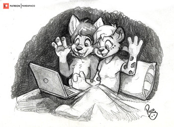 anthro clothed clothing computer duo electronics facial_spots female female_anthro gesture glistening glistening_eyes hand_holding happy laptop logo male male_anthro nude open_mouth open_smile pillow shirt sitting smile spotted_arms spotted_face t-shirt topwear under_covers waving pandapaco canid canine felid mammal artist_logo signature spot_color