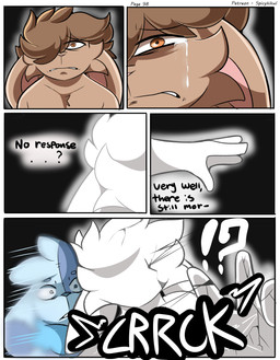 anthro blue_body blue_fur bodily_fluids breaking brown_body brown_fur brown_hair cracks crying dialogue duo ears_down fur hair male orange_eyes pivoted_ears plushie reaching reaching_out reaching_towards_viewer shocked surprised tears text spicykiwi alex_(spicykiwi) bazz_(spicykiwi) animate_inanimate canid canine canis domestic_cat domestic_dog felid feline felis hybrid lagomorph leporid living_plushie mammal rabbit absurd_res comic english_text hi_res story