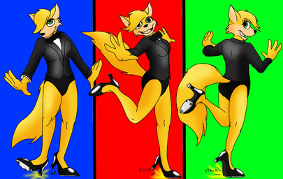 4_fingers anthro arms_out black_bow black_bow_tie black_clothing black_jacket black_leotard black_neckwear black_suit black_suit_jacket black_tie_(suit) black_topwear blue_background bow_tie breasts butt butt_pose closed_smile clothing contact_onomatopoeia dance_shoes dancewear dancing eyelashes facial_markings female fingers footwear fur glistening glistening_clothing glistening_footwear glistening_high_heels glistening_shoes green_background green_eyes hair hair_over_eye head_markings high_heels impact_onomatopoeia jacket jazz_hands leotard looking_at_viewer looking_back looking_back_at_viewer markings mouth_closed muzzle_(marking) onomatopoeia open_hand open_hands pose red_background shirt shoes side_boob simple_background smile solo sound_effects suit tan_body tan_fur tan_markings tan_muzzle tap_dancing tap_shoes text topwear white_clothing white_shirt white_topwear yellow_emanata devilduk canid canine fox mammal 2020 comic