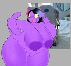 anthro big_breasts big_butt blush breasts butt female freckled_breasts freckled_legs freckled_shoulders freckles genitals huge_breasts huge_thighs looking_at_viewer nipples nude nude_anthro overweight overweight_female purple_body slightly_chubby solo tail thick_thighs vulva yellow_eyes doggypede undertale_(series) catty_cattenheimer domestic_cat felid feline felis mammal hi_res