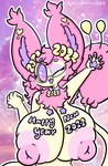 2022 5_fingers anthro big_breasts blinking breasts collar english_text eyewear female fingers fur generation_3_pokemon glasses hair heart_symbol hi_res holidays huge_breasts lewdchuu_(artist) new_year nintendo nipple_dip nipples pink_body pink_fur pink_hair pink_nipples pokemon pokemon_(species) purple_eyes skitty solo star tail text white_body
