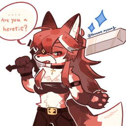 anthro bottomwear clothing eye_patch eyewear female fur hair melee_weapon orange_body orange_fur orange_hair pants simple_background solo speech_bubble sword text topwear weapon white_background noname_myeong jeanne_(noname_myeong) canid canine fox mammal 1:1 absurd_res hi_res