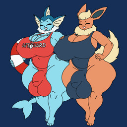 4_toes 5_fingers anthro balls barefoot big_balls big_breasts big_bulge big_penis breasts bulge clothing curvy_figure duo eyes_closed feet fingers flaccid genitals gynomorph hand_on_hip intersex lifeguard one-piece_swimsuit penis swimwear thick_thighs toes voluptuous chudnari nintendo pokemon ava_(chudnari) eeveelution flareon generation_1_pokemon pokemon_(species) vaporeon 1:1 absurd_res alpha_channel hi_res daughter_(lore) parent_(lore) parent_and_child_(lore) parent_and_daughter_(lore)