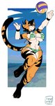 5_fingers action_pose anthro big_breasts bikini biped black_body black_fur breasts closed_smile clothed clothing crotch_tuft female fingers fur green_bikini green_clothing green_swimwear inner_ear_fluff jumping motion_lines mouth_closed multicolored_body multicolored_fur navel one_eye_closed orange_body orange_fur pattern_bikini pattern_clothing pattern_swimwear pose skimpy smile solo sport swimwear tail tan_body tan_fur text tuft two-piece_swimsuit volleyball low_res_art amber_(low_res_art) felid mammal pantherine tiger 2022 absurd_res artist_name digital_drawing_(artwork) digital_media_(artwork) english_description full-length_portrait hi_res portrait