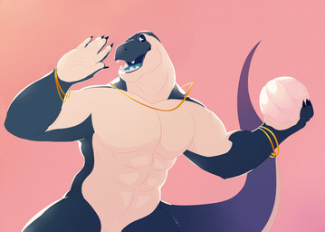 abs anthro ball black_sclera blue_body blue_eyes blue_tail flaccid front_view genitals glistening glistening_eyes holding_ball holding_object jewelry male male_anthro muscular muscular_anthro muscular_male navel necklace nude open_mouth pecs penis penis_base pink_background simple_background solo standing tail teeth volleyball_(ball) white_body white_penis white_tail chocolateandmilk scalie 2018 dated signature
