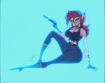 anthro blue_eyes female hair lipstick makeup red_hair sharp_teeth solo teeth weapon marc_acrylic nylon_cashmere alien animal_humanoid felid feline humanoid mammal hi_res