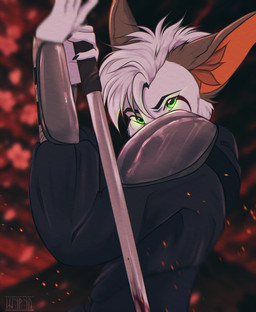 anthro armor big_ears black_body black_fur brown_ears cheek_tuft claws clothed clothing facial_markings facial_tuft flower fluffy fur fur_markings green_eyes hair head_markings katana looking_at_viewer male markings melee_weapon orange_inner_ear outside plant solo sword tuft weapon white_body white_fur white_hair shyryp canid canine canis fennec_fox fox mammal true_fox absurd_res digital_media_(artwork) hi_res portrait three-quarter_portrait