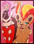 absurd_res blue_eyes clothed clothing covering covering_mouth duo eyewear female feral fire generation_6_pokemon glasses hair hi_res human looking_at_viewer malva_(pokemon) mammal mature_female nintendo orange_eyes pink_hair pokemon pokemon_(species) pyroar simple_background suns_(artist)
