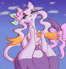accessory blue_eyes bow_(feature) bow_accessory bow_ribbon eyelashes female feral flower flower_accessory flower_hair_accessory flower_on_head fur furgonomics gracidea_flower hair_accessory plant purple_body purple_fur ribbons simple_background solo tail tail_accessory tail_bow tail_ribbon blitzpitz nintendo pokemon konghou generation_5_pokemon mienshao pokemon_(species) absurd_res hi_res