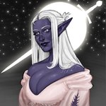 bare_shoulders big_breasts black_sky blue_body blue_lips blue_sclera blue_skin breasts cheek_scar cleavage closed_smile clothed clothed_female clothed_humanoid clothing eyebrows eyelashes facial_scar female female_humanoid grey_eyes hair humanoid_pointy_ears light lips long_hair melee_weapon mouth_closed not_furry pointy_ears scar shirt silhouette sky smile solo star starry_sky sword topwear weapon white_clothing white_eyebrows white_hair white_shirt white_topwear bingoblin ilivarra_(urghoulgirl) drow elf humanoid 2024 bust_portrait colored digital_drawing_(artwork) digital_media_(artwork) english_description hi_res lighting portrait shaded