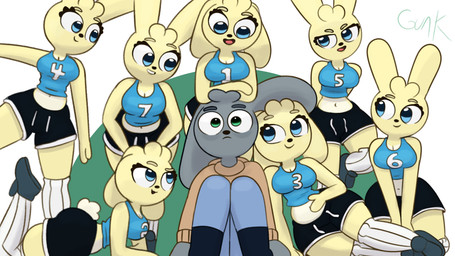 anthro big_breasts blue_clothing blue_eyes blue_shirt blue_topwear boots bottomwear breasts clone clothing curvy_figure denim denim_bottomwear denim_clothing eyelashes female fluffy fluffy_tail footwear fur green_eyes grey_body grey_fur group harem hoodie jeans knee_highs legwear long_ears looking_at_another male orange_clothing orange_hoodie orange_topwear pants shirt shoes shorts simple_background sportswear tail text thick_thighs topwear wide_hips yellow_body yellow_fur guak amy_hope_(guak) ronnie_(guak) lagomorph leporid mammal rabbit 16:9 absurd_res hi_res widescreen