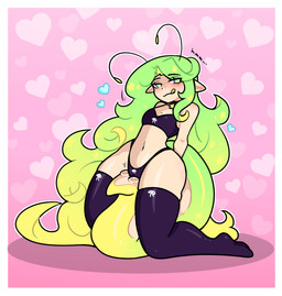 antennae_(anatomy) blue_eyes blush border bottomwear bra breasts choker clothed clothed_masturbation clothing curly_hair female gradient_background gradient_hair green_hair grinding grinding_on_tail hair hands_behind_back heart_background heart_symbol jewelry kneeling leaning leaning_backward legwear long_hair looking_at_viewer masturbation necklace pointy_ears simple_background slim small_breasts smile solo stockings straddling tail tentacle_tail tentacles thigh_highs thong tongue tongue_out topwear underwear unusual_anatomy unusual_tail white_border cluelessstarstream alien alien_humanoid humanoid digital_media_(artwork) hi_res