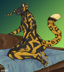 ambiguous_fluids anthro aroused bed claws ears_up eye_contact fangs feet foot_fetish foot_play footjob fur furniture genitals hand_on_leg looking_at_another machine male on_bed penis penis_between_feet sex sitting sitting_on_bed smile solo tail tank_(vehicle) teeth vehicle lince11 karl_(lince11) felid leopard living_machine living_tank living_vehicle mammal pantherine tank_(disambiguation) absurd_res hi_res