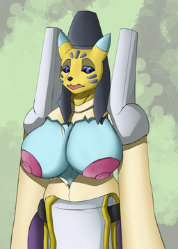 anthro armor big_breasts biped blue_eyes breasts clothing fangs female female_anthro fur hat headgear headwear orange_body orange_fur solo standing teeth yellow_body un_gato_cualquiera bandai_namco digimon digimon_(species) mammal renamon taomon absurd_res hi_res