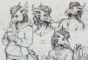 anthro beverage bottomwear cheek_tuft claws clothing coffee coffee_mug container cup curious embarrassed facial_tuft fluffy fluffy_hair fluffy_tail fur grass hair happy horn lake long_tail male male_anthro mane mountain neck_tuft pants plant relaxing river rock sketchy solo sparkles steam sun surprised sweatshirt swimming tail tea_cup tuft water tashiroth mythology arthropod butterfly dragon eastern_dragon furred_dragon furred_scalie insect lepidopteran mythological_creature mythological_scalie scalie absurd_res hi_res line_art sketch sketch_page