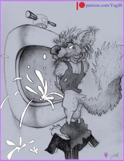 anthro balls bodily_fluids body_hair genital_fluids genitals hairy_balls male peeing solo toony urinal urine watersports yagi_b._(artist) diego_(sniffur) canid canine fox mammal low_res