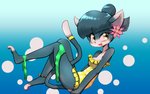 accessory anthro black_hair blue_background blush countershading female flower flower_in_hair hair hair_accessory looking_aside open_mouth plant simple_background smile solo white_body white_countershading yajima domestic_cat felid feline felis mammal 2015 hi_res