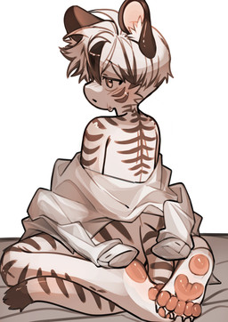 anthro black_stripes clothing fur hair inner_ear_fluff male mostly_nude pawpads paws pink_paws rear_view shirt simple_background solo stripes tail topwear tuft white_background white_body white_fur white_hair yellow_eyes mojjibread mallanggom_(mojjibread) felid mammal pantherine tiger 2026 absurd_res hi_res