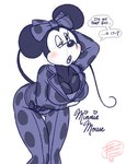 anthro big_breasts black_nose bottomwear bow_accessory breasts cleavage clothed clothing dialogue female leaning leaning_forward one_eye_closed open_mouth pants shirt simple_background solo standing text topwear white_background irregular_fetishes disney minnie_mouse mammal mouse murid murine rodent 2022 digital_drawing_(artwork) digital_media_(artwork) english_text hi_res monochrome