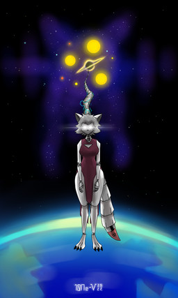 anthro black_hole bright_eyes claws clothed clothing cosmic_horror earth electricity female floating grey_hair hair machine nebula planet solo space star white_body 10ne-v alexa_(10ne-v) canid canine fox living_machine mammal robot 2022 absurd_res hi_res