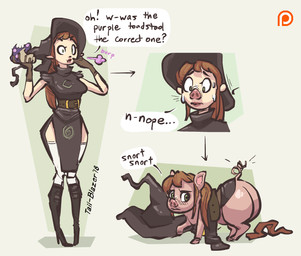 biped biped_to_quadruped blush bodily_fluids boots breasts brown_hair burping butt clothing contextual_arrow dialogue directional_arrow embarrassed female feral footwear geometric_background green_eyes hair hat headgear headwear high_heeled_boots high_heels human_to_feral legwear long_hair magic_user quadruped sequential_arrow shoes shrinking simple_background size_transformation solo species_transformation surprised sweat thigh_highs three_frame_image three_frame_sequence transformation transformation_sequence witch witch_hat tail-blazer domestic_pig human mammal suid suine sus_(pig) 2018 sequence