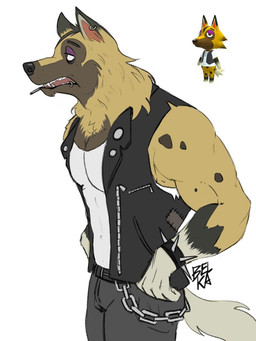alternative_fashion anthro bottomwear bracelet chain clothing ear_piercing ear_ring facial_piercing jacket jewelry leather leather_clothing leather_jacket leather_topwear lip_piercing lip_ring male metalhead pants piercing ring_piercing rock shirt solo spiked_bracelet spikes topwear undershirt belka_(artist) animal_crossing nintendo kyle_(animal_crossing) canid canine canis mammal wolf hi_res