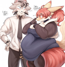 adjusting_glasses ahoge anthro arm_tuft back_fat back_rolls belly belly_overhang belly_rolls big_belly big_breasts biped black_bottomwear black_buttons black_clothing black_collar black_emanata black_eyewear black_glasses black_hair black_necktie black_nose black_pants black_text blush bodily_fluids bottomwear bracelet breasts brown_arms cheek_tuft choker cleavage cleavage_overflow clothed clothed_anthro clothed_female clothed_male clothing collar collared_shirt countershade_face countershade_fur countershade_torso countershading dipstick_ears dress dress_pants dress_shirt duo ear_markings ears_back ears_up emanata embarrassed exclamation_point eye_through_hair eyebrow_through_hair eyebrows eyelashes eyelashes_through_hair eyewear facial_tuft fat_arms fat_rolls female female_anthro fluffy fluffy_tail flying_sweatdrops fox_tail front_view fur fur_tuft glasses glistening glistening_body glistening_eyewear glistening_fur glistening_glasses glistening_hair grey_hair grey_highlights grey_tuft hair hand_on_hip hand_on_own_hip highlights_(coloring) huge_belly ill-fitting_clothing inner_ear_fluff jewelry larger_anthro larger_female long_inner_ear_fluff looking_at_another looking_away love_handles male male_anthro markings metric_unit mouth_closed multicolored_ears neck_tuft necklace necktie obese obese_anthro obese_female overweight overweight_anthro overweight_female pants pattern_necktie pink_inner_ear pivoted_ears pointy_ears pokemorph prick_ears pupils purple_accessory purple_bracelet purple_clothing purple_shirt purple_tank_top purple_topwear red_blush red_body red_fur red_hair red_inner_ear_fluff red_markings round_glasses shirt shoulder_tuft simple_background size_difference slim slim_anthro slim_male smaller_anthro smaller_male snout standing stated_height stated_weight striped_necktie sweat sweatdrop tail tank_top text thick_thighs three-quarter_view tight_clothing topwear translucent translucent_hair tuft weight_conscious weight_difference white_background white_body white_countershading white_dress_shirt white_emanata white_eyes white_pupils white_tuft yellow_body yellow_emanata yellow_fur yellow_tail yellow_tuft nowax nintendo pokemon anthony_(nowax) erika_(nowax) canid delphox generation_6_pokemon generation_7_pokemon lycanroc mammal midday_lycanroc pokemon_(species) 2025 artist_name colored digital_media_(artwork) digital_painting_(artwork) english_text half-length_portrait hi_res painting_(artwork) portrait shaded