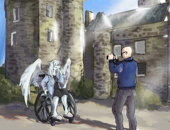 alternate_universe anthro bald black_clothing black_dress blue_body blue_clothing blue_jacket blue_topwear bone_frill bottomwear breasts building camera clothed clothed_anthro clothed_female clothed_human clothed_male clothing cloud day disability dress duo eyes_closed eyewear feathers female fingers footwear frill_(anatomy) gesture grey_body grey_bottomwear grey_clothing grey_feathers grey_hair grey_pants hair hand_gesture happy holding_camera holding_object human_on_anthro humanoid_hands interspecies jacket long_hair looking_at_another male male/female markings medium_breasts non-mammal_breasts open_clothing open_jacket open_topwear outside pants paraplegic plant plantigrade shadow shoes shrub sitting sky slippers smile striped_markings stripes sunglasses taking_picture topwear v_sign vehicle wheelchair window big_daddy_(artist) cavemanon_studios goodbye_volcano_high i_wani_hug_that_gator ko_op_(game_developer) fang_(gvh) inco_(iwhtg) human mammal prehistoric_species pterosaur reptile scalie 2025 colored crossover hi_res shaded