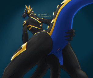 2_penises animal_genitalia animal_penis anthro anus athletic bedroom_eyes black_body black_penis blue_body blue_tongue butt genitals golden_markings hemipenes holding_tail horn looking_at_viewer looking_back male multi_genitalia multi_penis narrowed_eyes penis presenting presenting_anus presenting_hindquarters presenting_penis seductive solo tail thick_tail tongue tongue_out xin_(lewdaesthetics) lewdaesthetics mythology dragon humanoid mythological_creature mythological_scalie reptile scalie hi_res