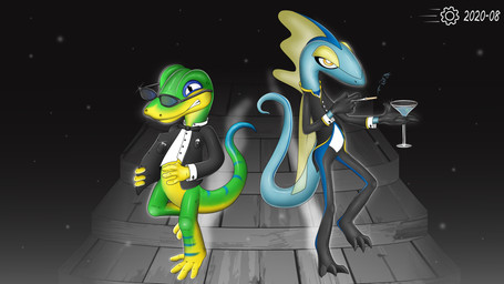 anthro beverage cigarette duo male stairs the-cog gex_(series) nintendo pokemon gex_the_gecko gecko generation_8_pokemon inteleon lizard pokemon_(species) reptile scalie 16:9 4k absurd_res hi_res widescreen