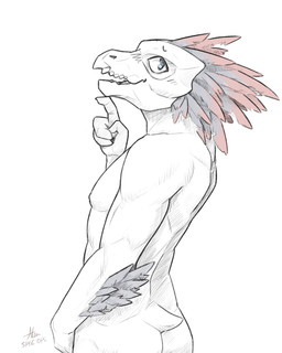 anthro back_muscles blue_eyes feathers femboy finger_on_chin looking_at_viewer looking_back male nude rear_view seductive smile solo elite_spec_ops_alan halo_(series) microsoft xbox_game_studios bir_ruz alien kig-yar scalie t'vaoan 4:5 hi_res