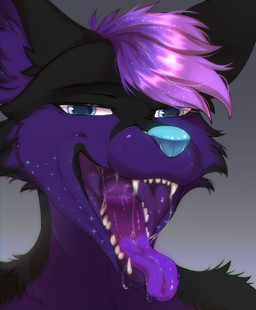 anthro black_body black_fur blue_eyes blue_nose bodily_fluids cheek_tuft close-up cosmic_hair drooling ethereal_hair eyebrows facial_tuft fangs femboy fur glowing glowing_mouth glowing_nose glowing_throat male mouth_shot multicolored_body open_mouth oral_vore purple_body purple_fur saliva simple_background smug solo sparkles teeth throat tongue tongue_out tuft two_tone_body vore vore_implied kysokofwater kitsunaki canid canine fox mammal 2023 hi_res