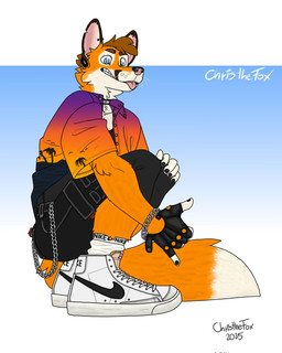 anthro blue_eyes boots brown_hair chain clothing ears_up footwear fur gloves hair handwear looking_at_viewer male orange_body orange_fur shoes socks solo teeth teeth_showing tongue tongue_out white_body white_fur bartek22 chris_the_fox_(bartek22) canid canine fox mammal hi_res