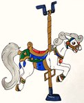 amusement_ride bridle carousel carousel_horse carousel_pole feral fur grey_body grey_fur hooves open_mouth pole red_eyes saddle simple_background solo teeth tongue white_background white_body white_fur glury_the_unown equid equine horse mammal hi_res traditional_media_(artwork)