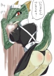 accessory anthro big_butt blush bodily_fluids breasts butt clothing female frilly frilly_accessory frilly_hairband hair_accessory hairband maid_uniform non-mammal_breasts red_eyes solo sweat text uniform niku9owata nikuq_owata microsoft the_elder_scrolls the_lusty_argonian_maid argonian scalie japanese_text translated