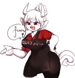 anthro apron breasts clothing female open_mouth open_smile red_eyes smile solo text text_on_apron text_on_clothing white_body bonetea helltaker goat_lucifer_(helltaker) animal_humanoid bovid caprine demon goat humanoid mammal english_text