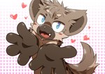 2019 4_fingers anthro blue_eyes blush brown_body brown_fur eyebrows fangs fingers fur happy heart_symbol hi_res hyena kagerow looking_at_viewer male mammal nude_male open_mouth showing_paws solo tail teeth young young_anthro young_male