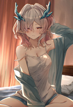bare_legs bare_shoulders bed bent_arm big_breasts blue_clothing blue_jacket blue_topwear blush bottomwear breasts cleavage clothed clothing collarbone dolphin_shorts female furniture glistening glistening_hair grey_hair hair half-closed_eyes hand_behind_head horn inside jacket lotus_pose markings mole_(marking) mole_on_breast multicolored_hair narrowed_eyes pillow pink_hair pointy_ears prick_ears shirt short_hair shorts spaghetti_strap topwear waking_up white_clothing white_shirt white_topwear kei115 arknights_endfield mi_fu_(arknights) horned_humanoid humanoid hi_res