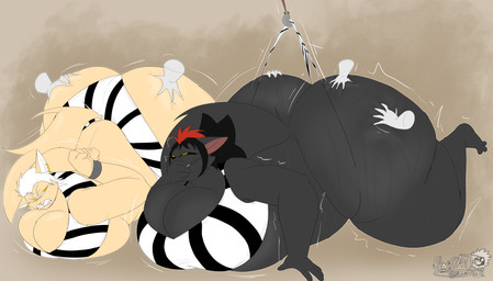 ambiguous_gender angry annoyed anthro big_breasts big_butt black_body black_fur bodily_fluids bottomwear breasts brown_background butt butt_grab cleavage clothed clothing covering covering_mouth disembodied_hand ear_piercing female fur grope group hair hand_on_butt hook huge_breasts huge_butt hyper hyper_breasts hyper_butt looking_back piercing prison shorts simple_background sweat sweaty_butt thick_thighs wedgie white_hair masterj291 diji_(masterj291) slyrray_(masterj291) domestic_cat felid feline felis mammal 2025 digital_media_(artwork) hi_res