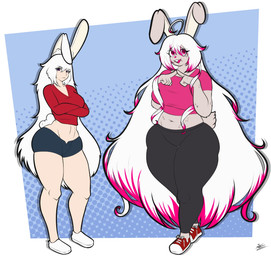 ahoge anthro big_breasts blue_background bottomwear breasts clothing crop_top cropped_sweater dotted_background duo female footwear fur grey_body grey_fur hair leggings legwear light_body light_skin long_hair looking_at_viewer pattern_background pink_eyes pink_hair_tips shirt shoes shorts simple_background smile smiling_at_viewer sneakers thick_thighs topwear white_hair wide_hips it_doodles humanoid lagomorph leporid mammal rabbit 2025 digital_drawing_(artwork) digital_media_(artwork) hi_res