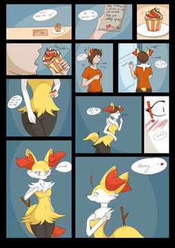 anthro birthday bottomwear breasts brown_eyes brown_hair clothed clothing cupcake dialogue eating exclamation_point facial_hair female food fur gender_transformation gift growth hair male medium_breasts mid_transformation mtf_transformation note oblivious orange_body orange_fur pants red_eyes shirt simple_background solo species_transformation stick surprised tail tail_growth text topwear transformation white_body white_fur yellow_body yellow_fur luxianne nintendo pokemon braixen generation_6_pokemon human mammal pokemon_(species) absurd_res colored comic english_text hi_res