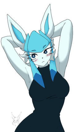 anthro big_ears blue_body blue_eyes blue_fur blue_hair breasts clothing dress eyelashes female female_anthro fur hair hands_behind_head looking_at_viewer medium_breasts pokemorph pseudo_hair raised_arms simple_background sleeveless_dress small_waist solo mun_rue nintendo pokemon eevee eeveelution generation_1_pokemon generation_4_pokemon glaceon pokemon_(species) 2026 3:5 digital_drawing_(artwork) digital_media_(artwork) hi_res