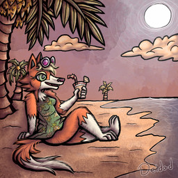 beach calm clothed clothing cloud dress eyewear female green_eyes hair orange_body outside palm_tree pina_colada plant relaxing sand seaside sitting sky smile solo sun sunglasses sunset tree water deidad_dissitum animal_crossing nintendo audie_(animal_crossing) canid canine canis mammal wolf 1:1