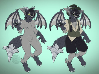 3_fingers 3_toes anthro areola bangs biped black_body black_fur bottomwear breasts button_up claws clothed clothed_anthro clothed_female clothing digitigrade feet female female_anthro fingers fur genitals green_eyes grey_body grey_fur hair hat headgear headwear horn logo looking_at_viewer loose_tie membrane_(anatomy) membranous_wings nipples nude nude_anthro nude_female pawpads pose short_hair shorts small_breasts solo tasteful_nudity text three-quarter_view toes topwear tusks untucked_shirt vest vulva wings dalipuff vicky_(silverfox442) canid canine fox gargoyle hybrid mammal red_fox silver_fox true_fox 2025 artist_logo dated digital_drawing_(artwork) digital_media_(artwork) english_text full-length_portrait multiple_images multiple_versions portrait
