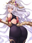 big_butt butt clothed clothing female hair long_hair looking_at_viewer looking_back looking_back_at_viewer simple_background solo white_background kuavera cygames granblue_fantasy medusa_(granblue) humanoid primal_(granblue_fantasy) hi_res